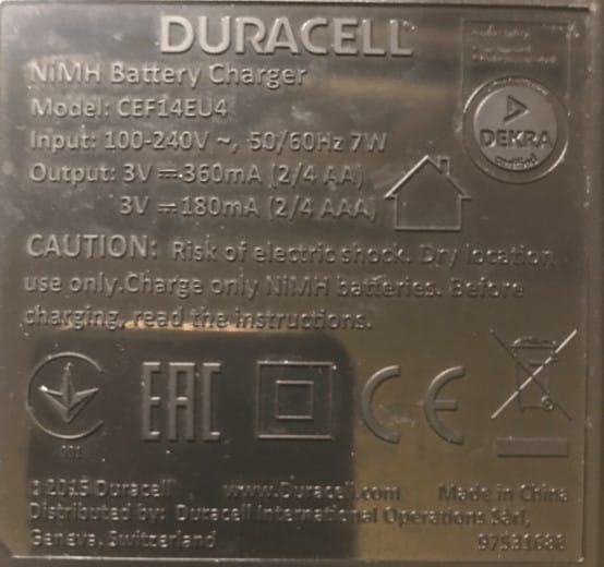 Duracell Battery Charger CEF14  Back Label