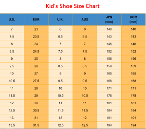 International Shoe Size Conversion Chart for US to UK EUR AUS JPN KOR