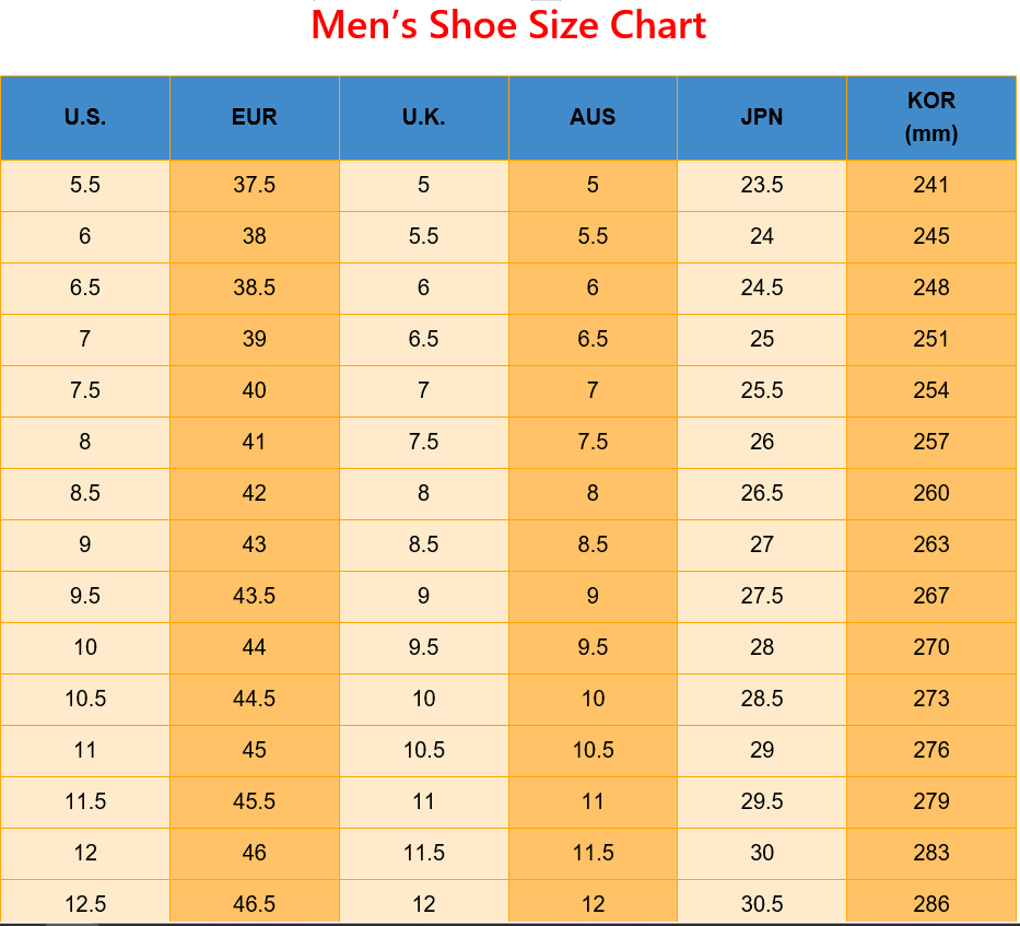 Men's International Size Conversion Chart for US EUR UK AUS JP KOR and uk Size to us